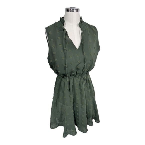 Simplee Swiss Dot Chiffon Ruffle Mini Dress Army Green Sleeveless Women's Small - Picture 6 of 9